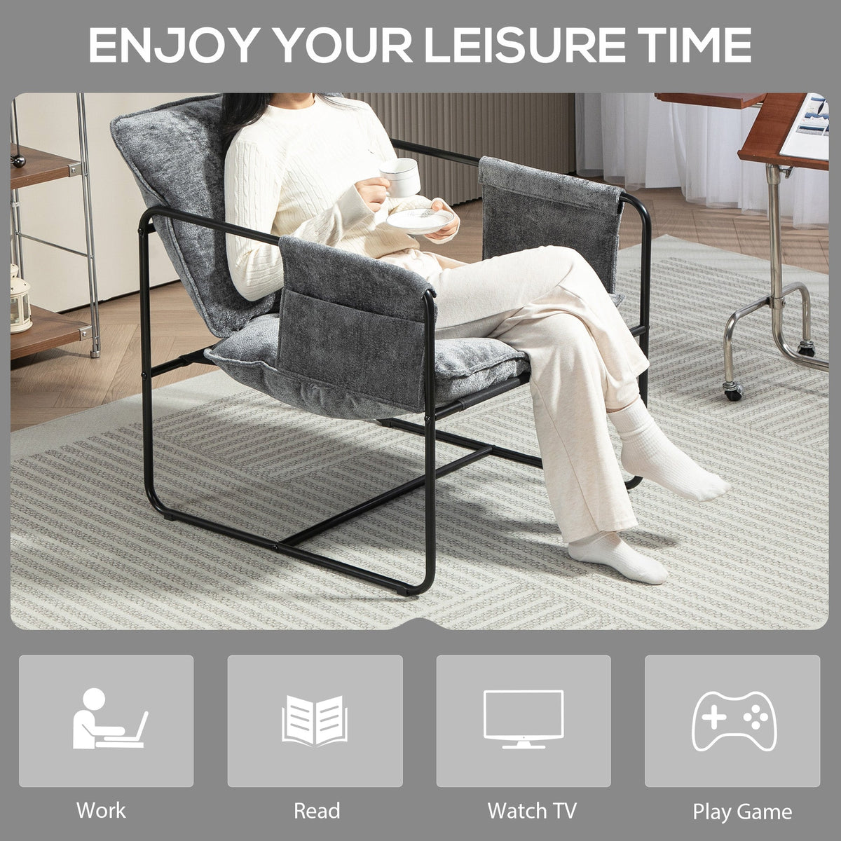 HOMCOM Upholstered Reading Chair with Side Pockets and Steel Frame