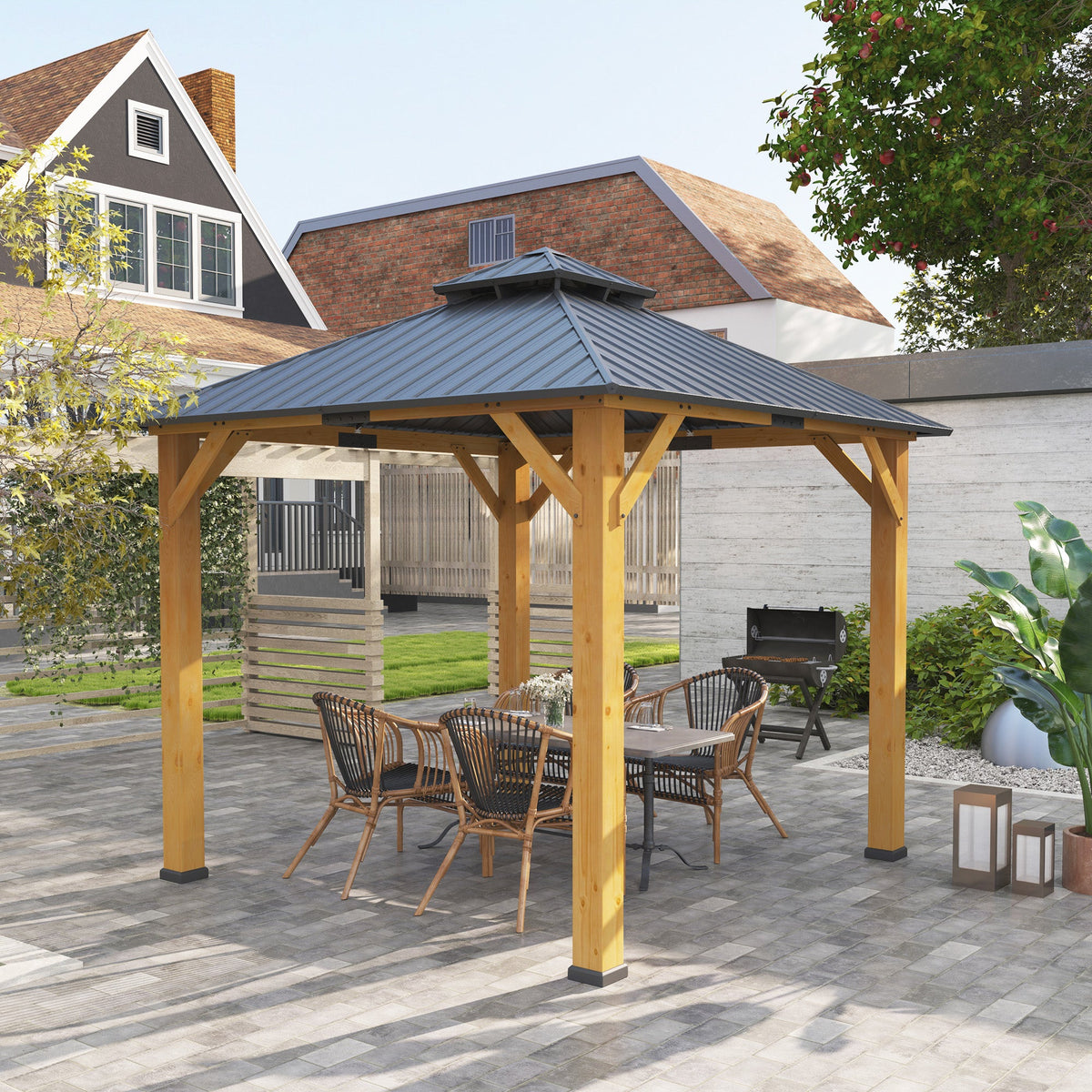 Outsunny 3x(3)M Double-Tier Hardtop Gazebo, Outdoor Patio Shelter