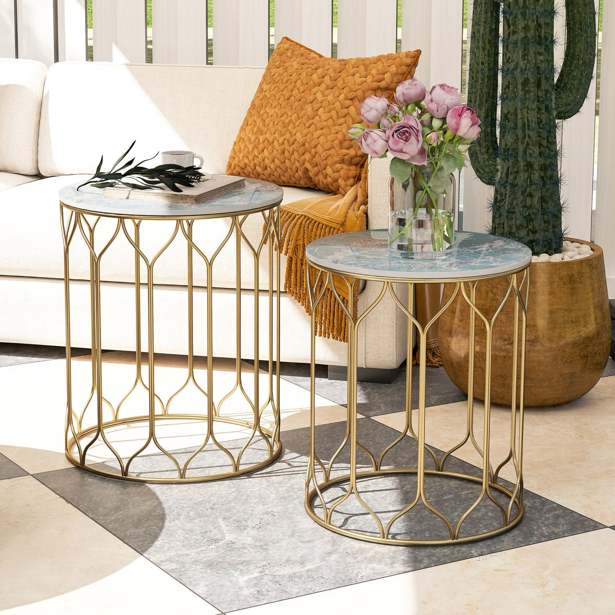 Outsunny Nesting Small Garden Table Set of 2 with Marble Effect Top