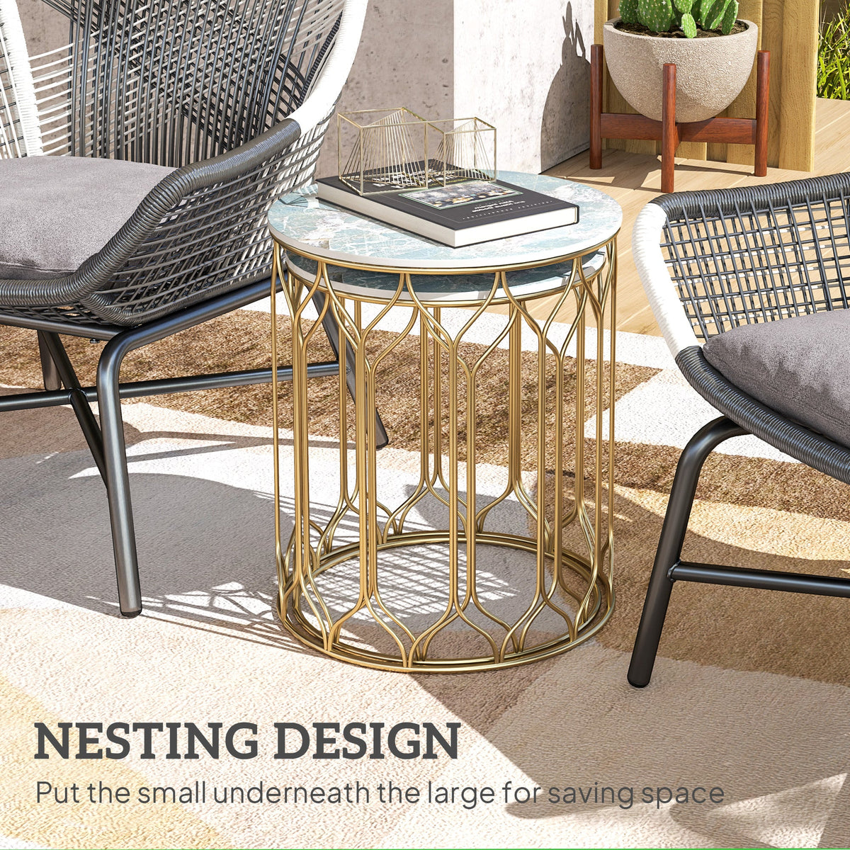 Outsunny Nesting Small Garden Table Set of 2 with Marble Effect Top