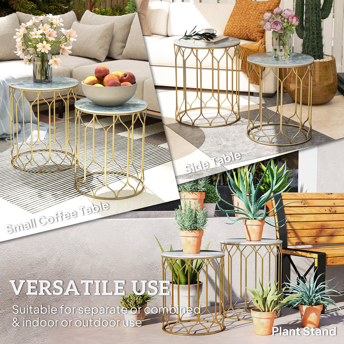 Outsunny Nesting Small Garden Table Set of 2 with Marble Effect Top