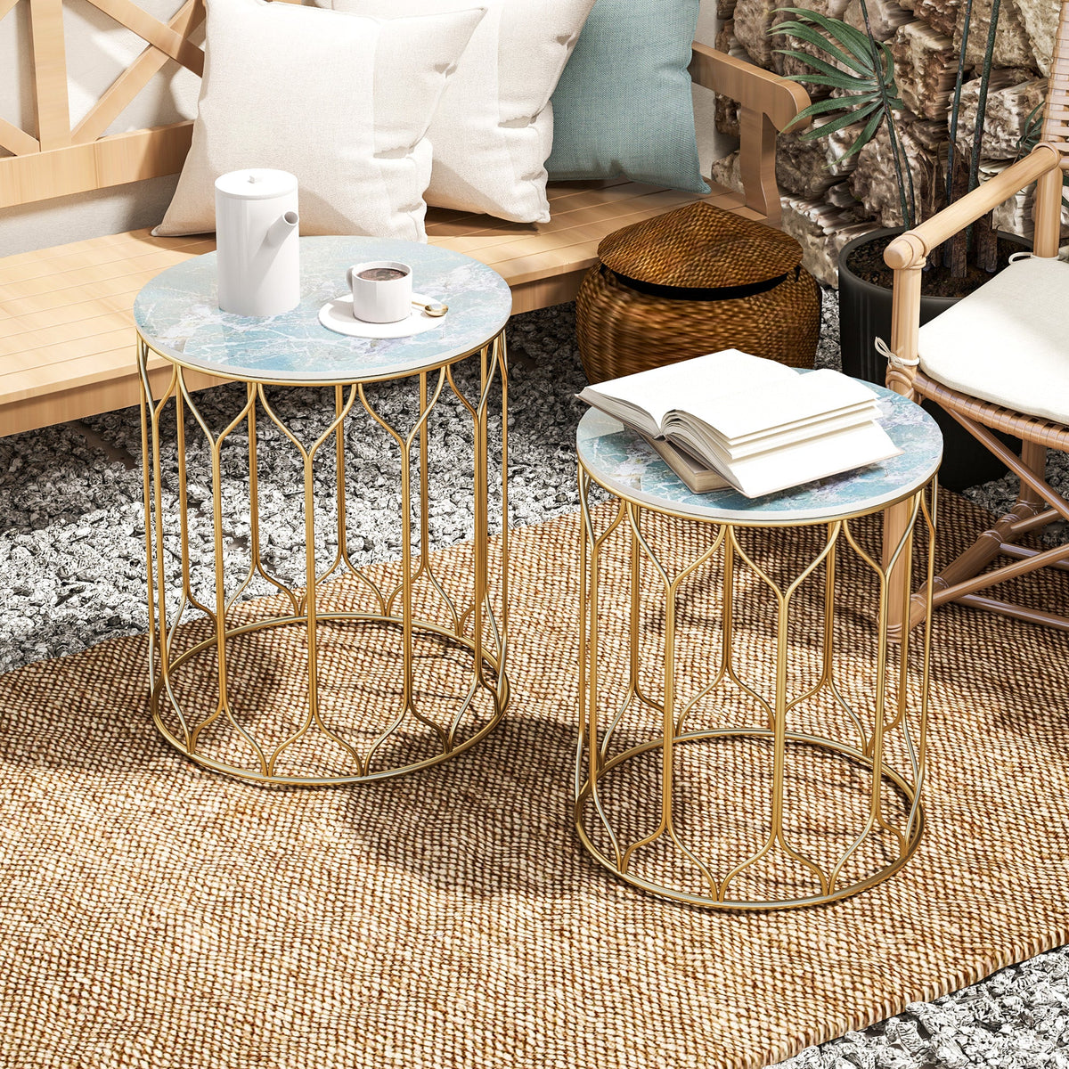 Outsunny Nesting Small Garden Table Set of 2 with Marble Effect Top