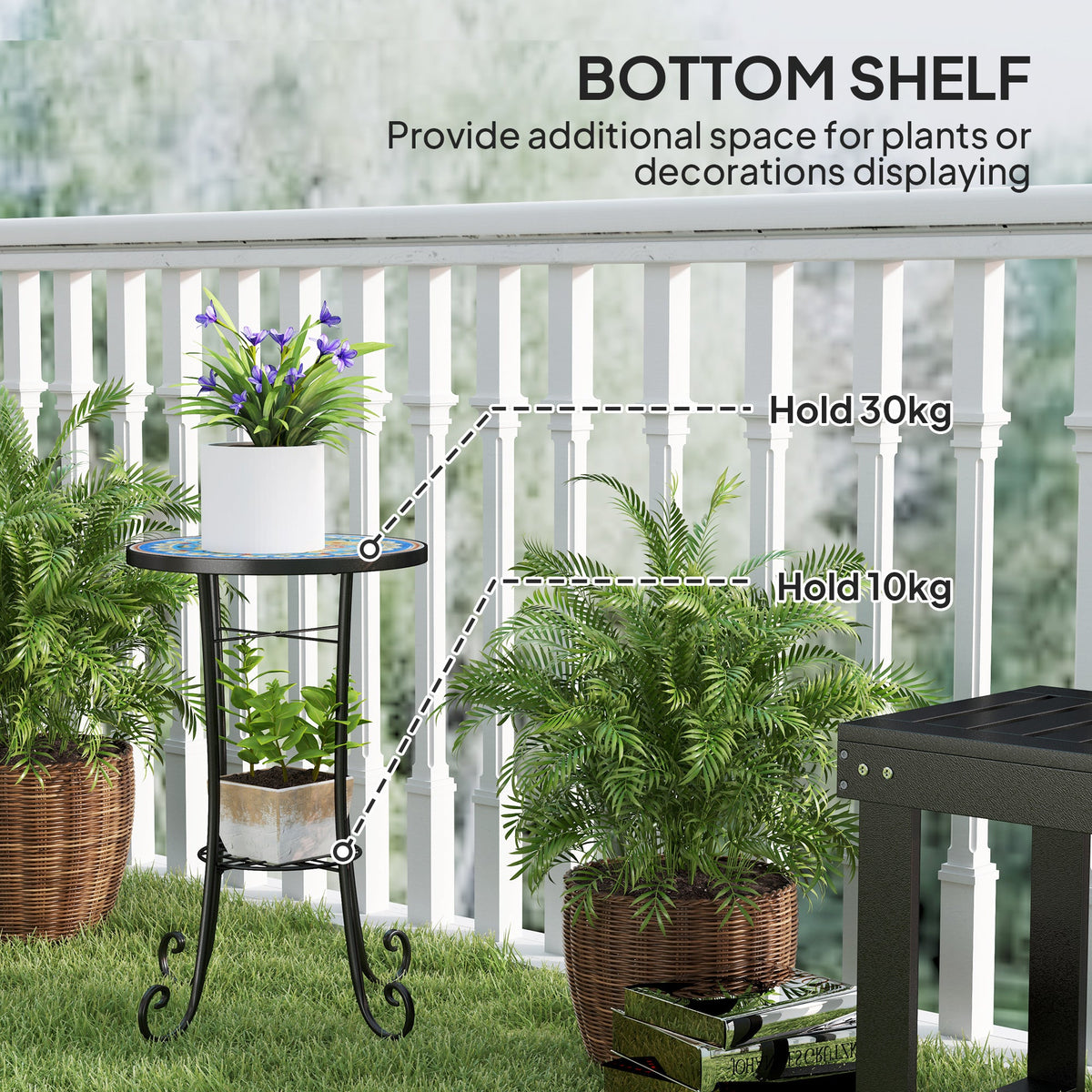 Outsunny 35.5cm Round Mosaic Garden Side Table Plant Stand w/ Shelf
