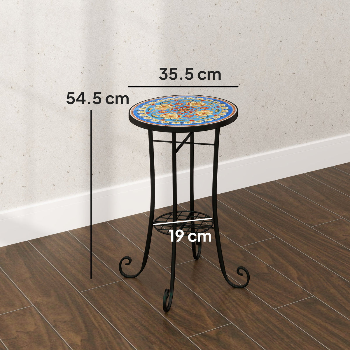 Outsunny 35.5cm Round Mosaic Garden Side Table Plant Stand w/ Shelf