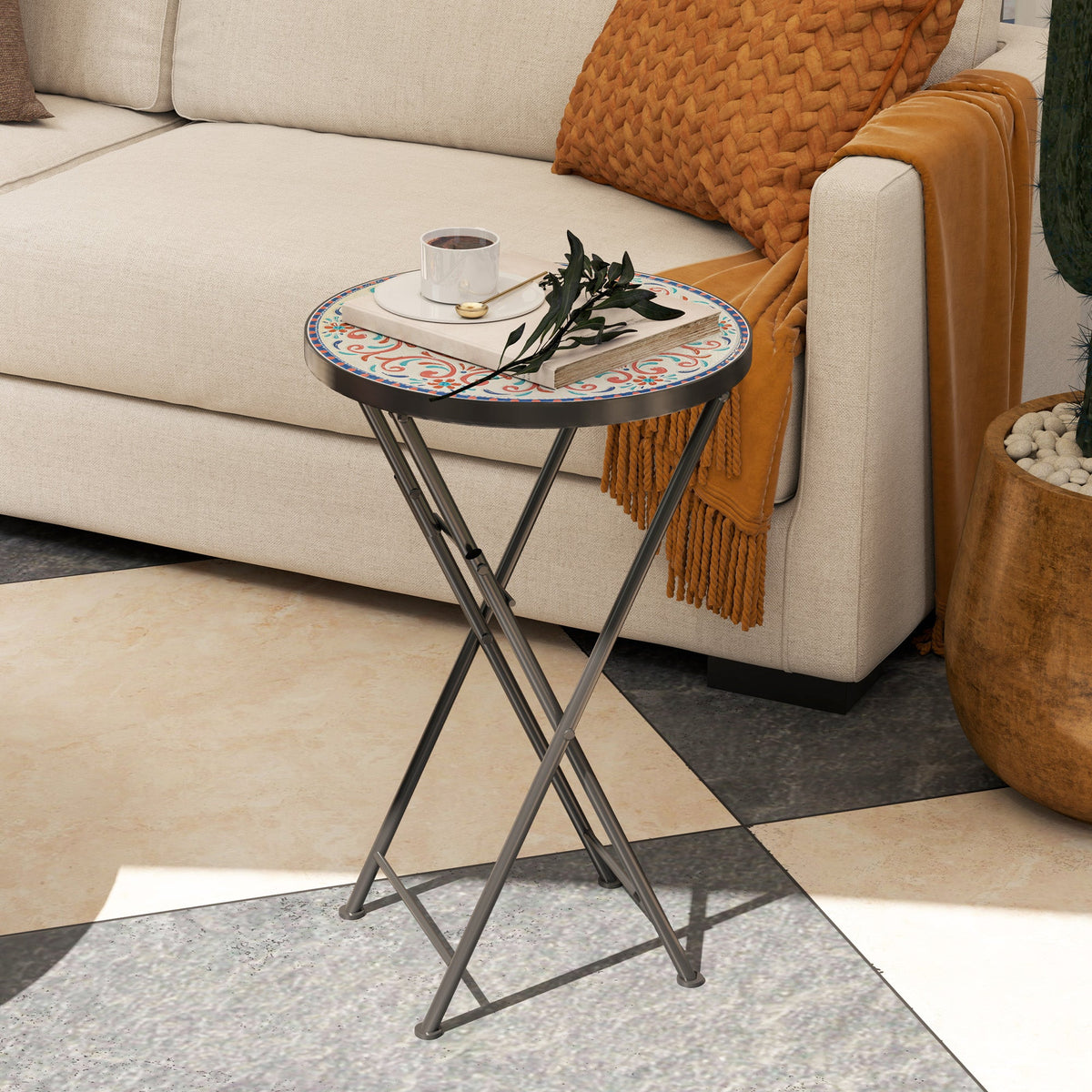 Outsunny Mosaic Garden Table, 35.5cm Folding Coffee Table