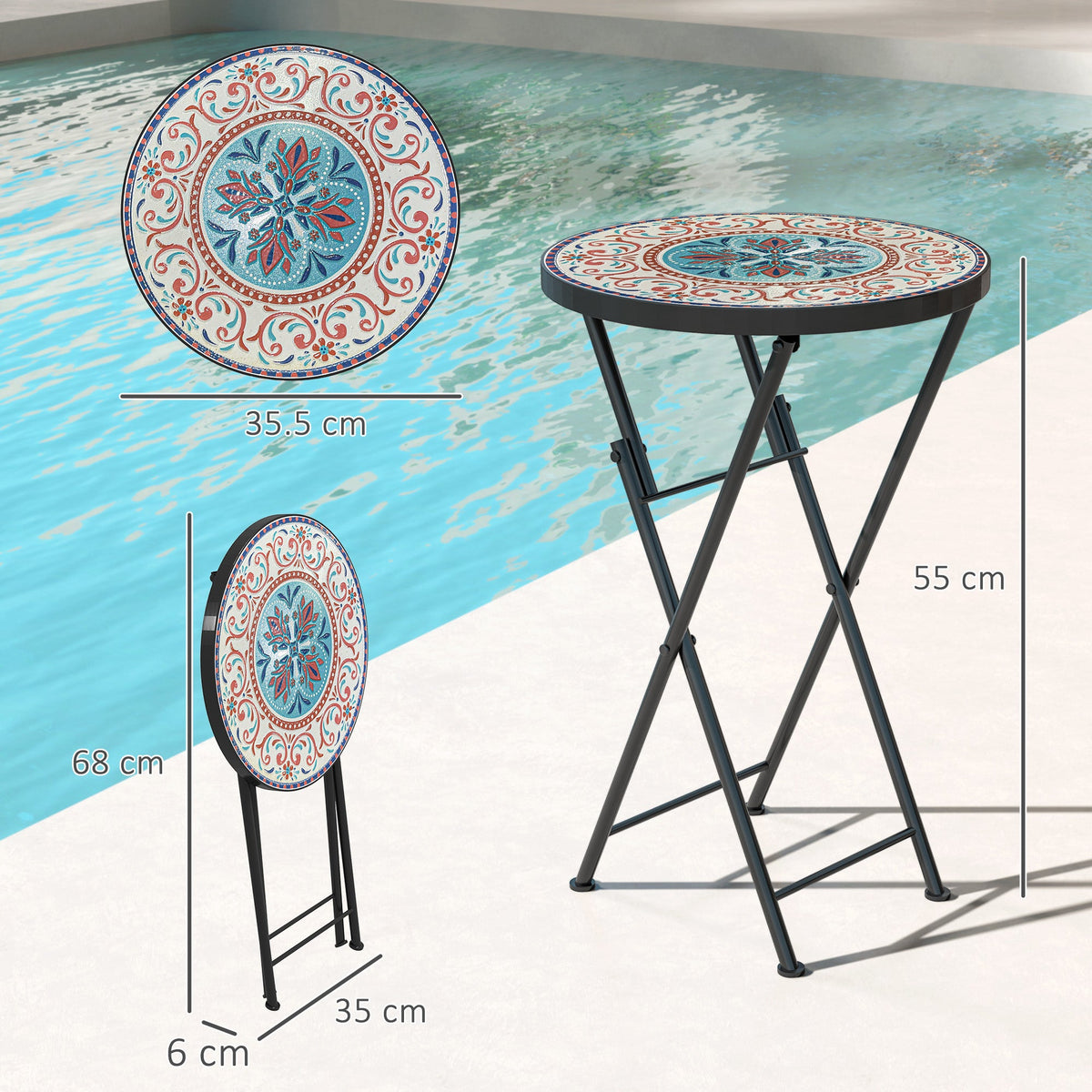 Outsunny Mosaic Garden Table, 35.5cm Folding Coffee Table