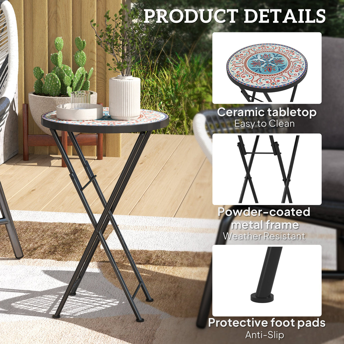 Outsunny Mosaic Garden Table, 35.5cm Folding Coffee Table