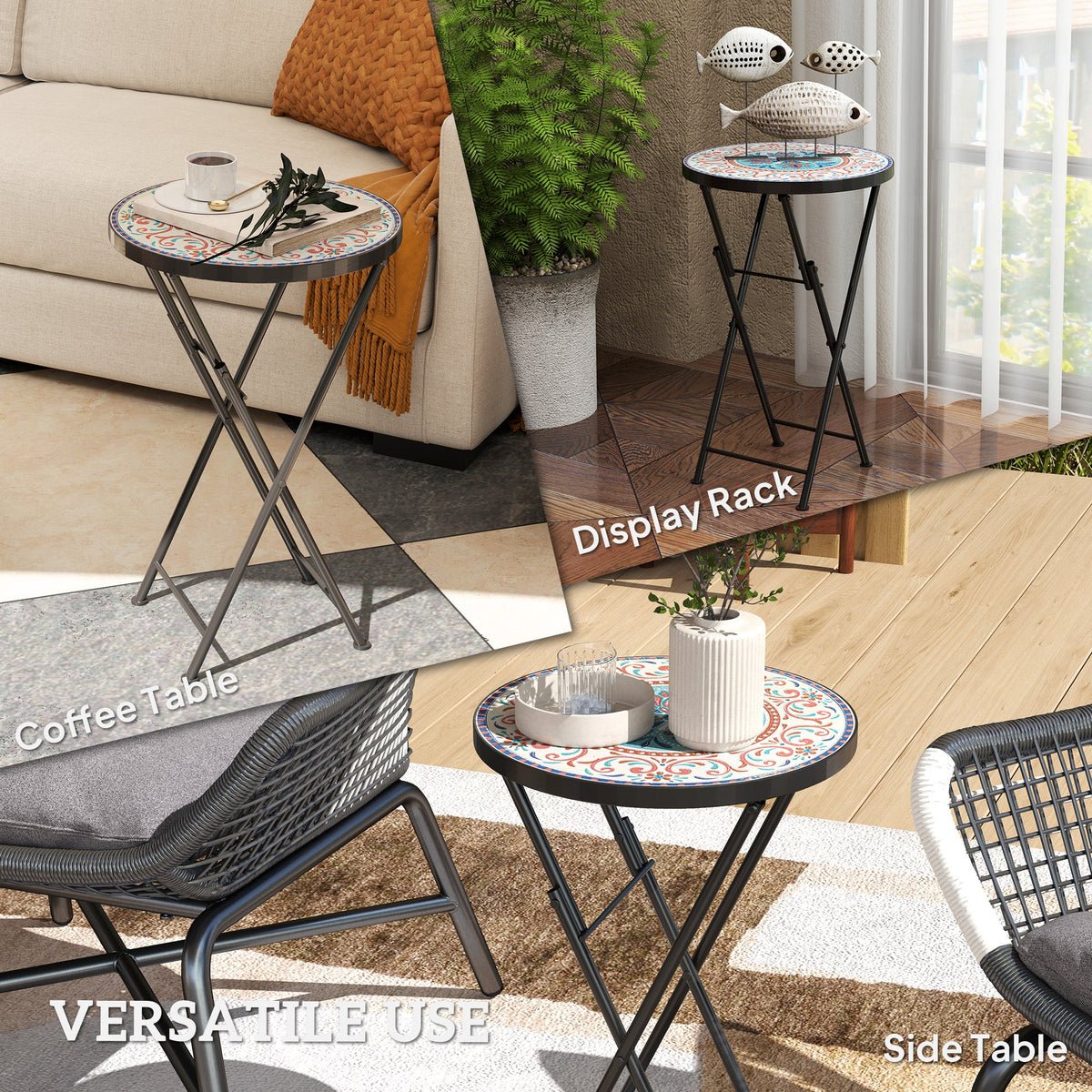 Outsunny Mosaic Garden Table, 35.5cm Folding Coffee Table