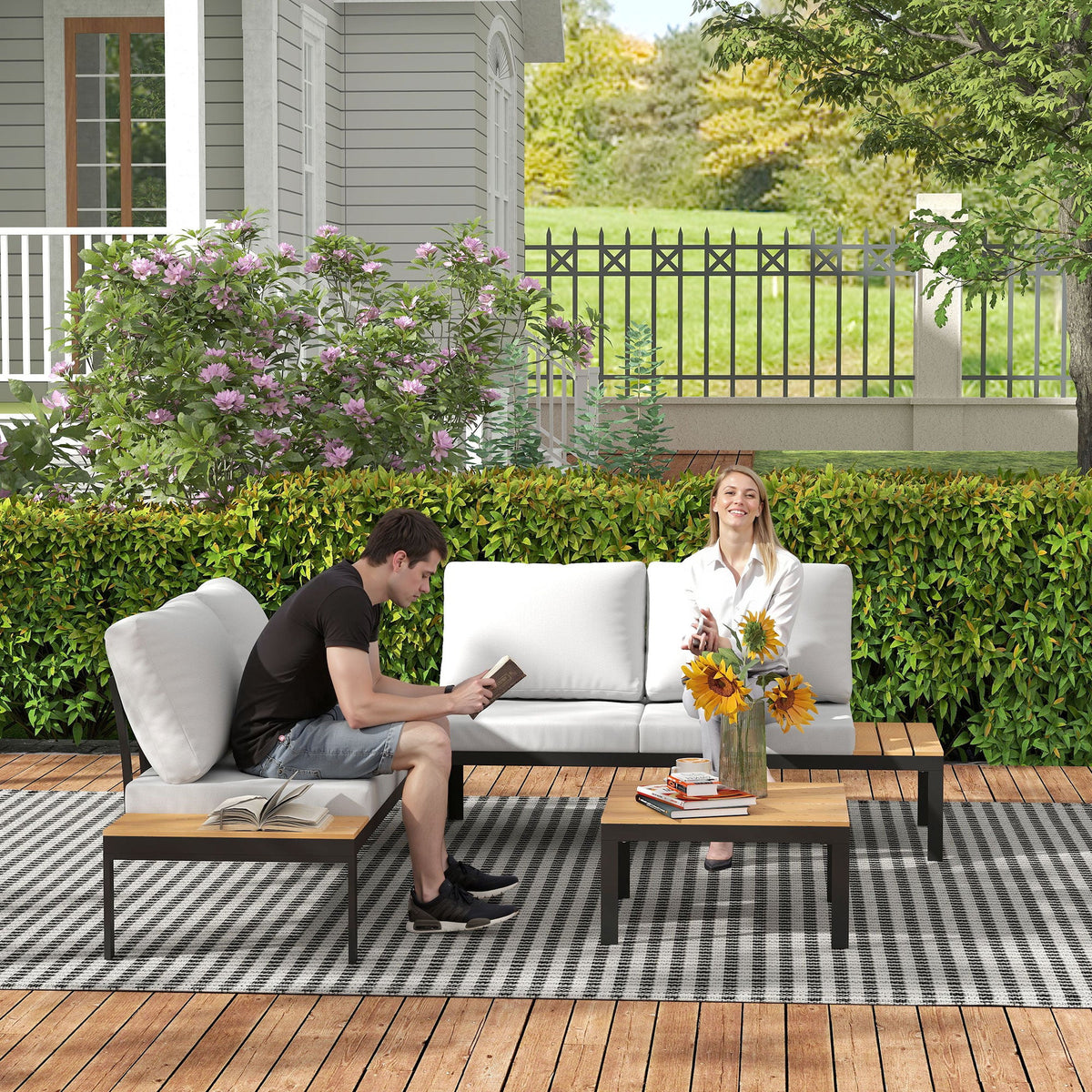 Outsunny 4 Seater Garden Corner Sofa Set with Removable Thick Cushions
