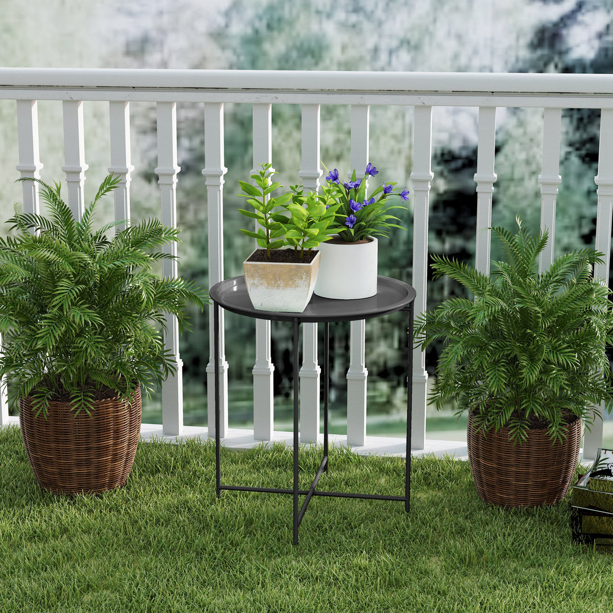 Outsunny 46cm Round Garden Table, Small Side Table w/ Removable Tray