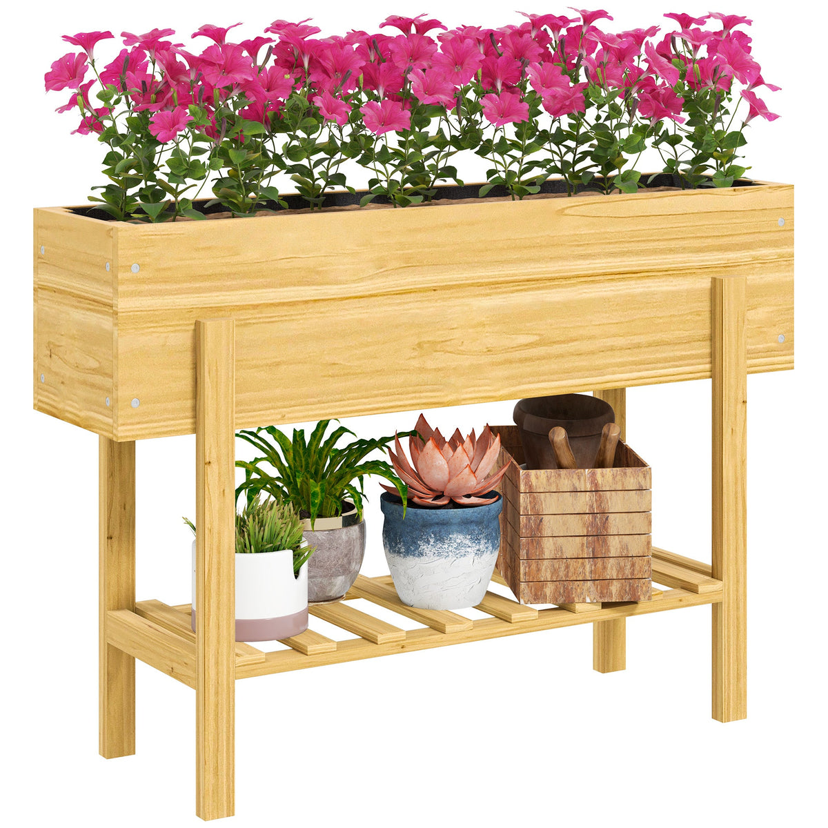 Outsunny Wooden Raised Bed w/ Bed Liner, Storage Shelf