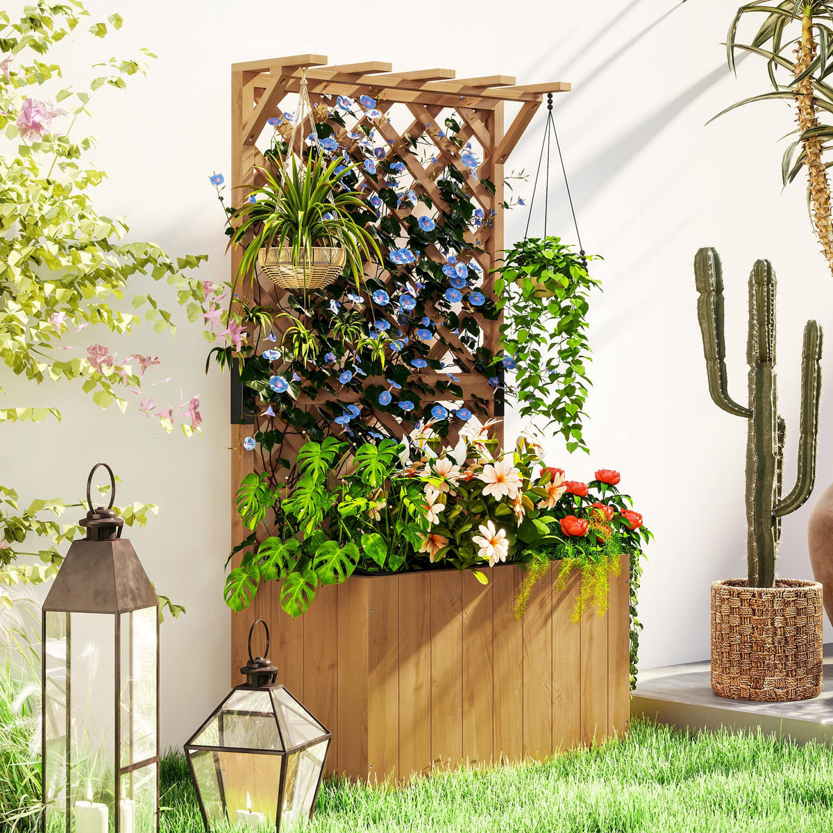 Outsunny Wooden Planter with Trellis and Drainage Holes