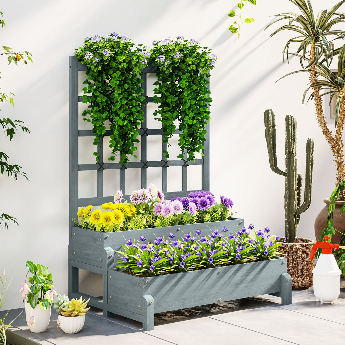 Outsunny 2-Tier Wooden Raised Bed with Trellis and Drainage Holes