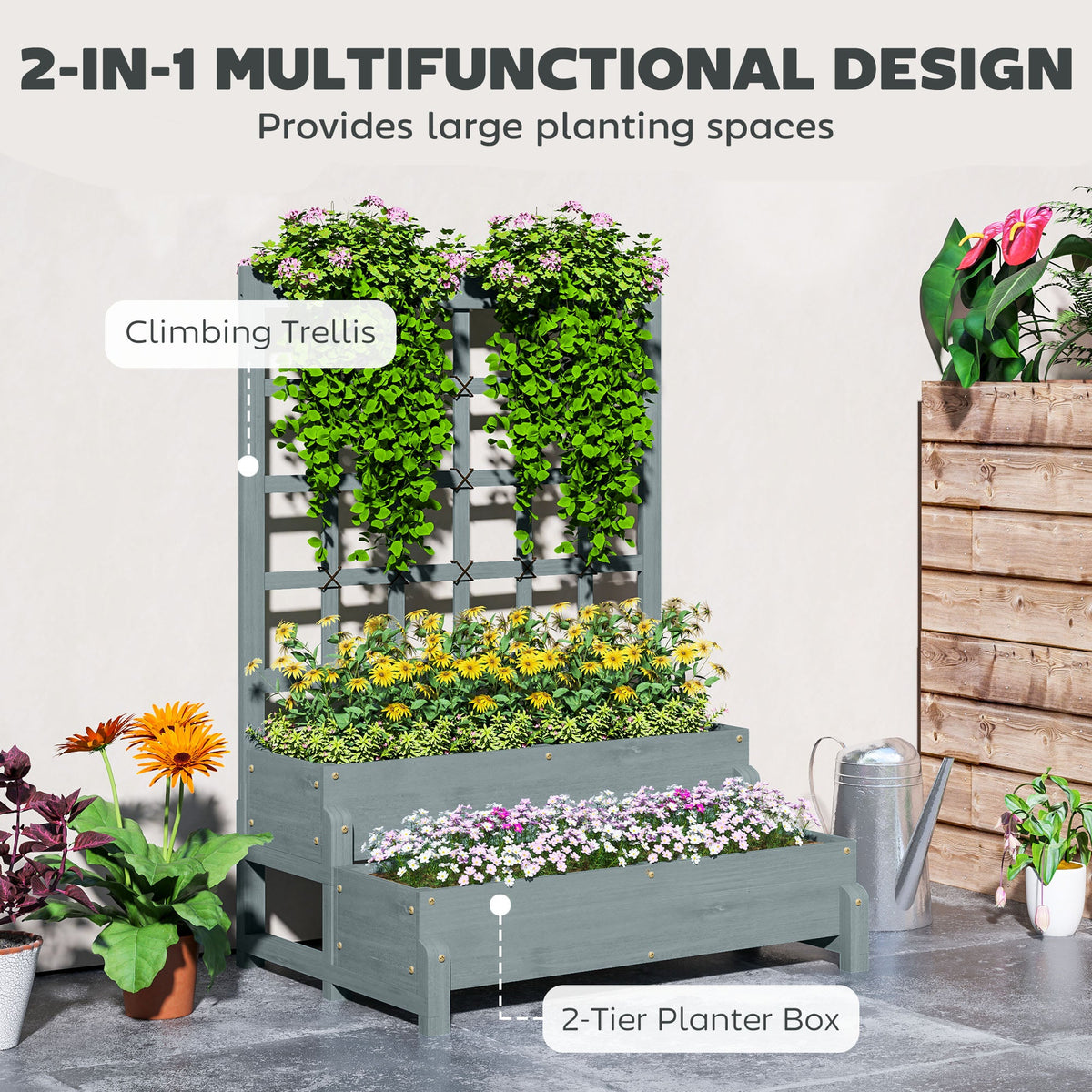 Outsunny 2-Tier Wooden Raised Bed with Trellis and Drainage Holes
