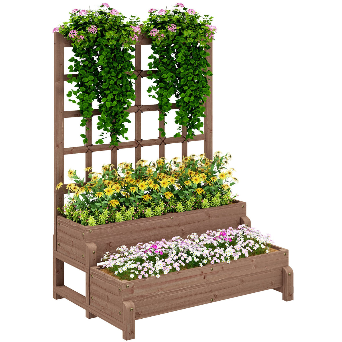 Outsunny 2-Tier Wooden Raised Bed with Trellis and Drainage Holes