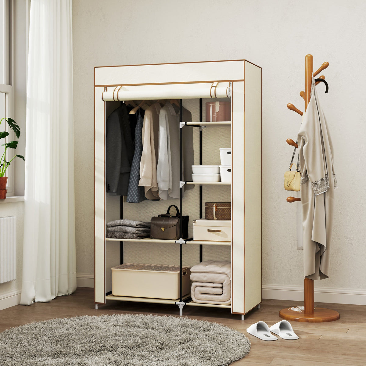 HOMCOM Fabric Wardrobe w/ Shelves Hanging Rail Foldable Closets