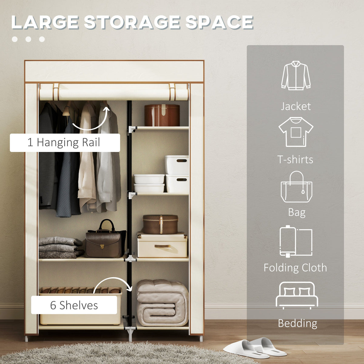 HOMCOM Fabric Wardrobe w/ Shelves Hanging Rail Foldable Closets