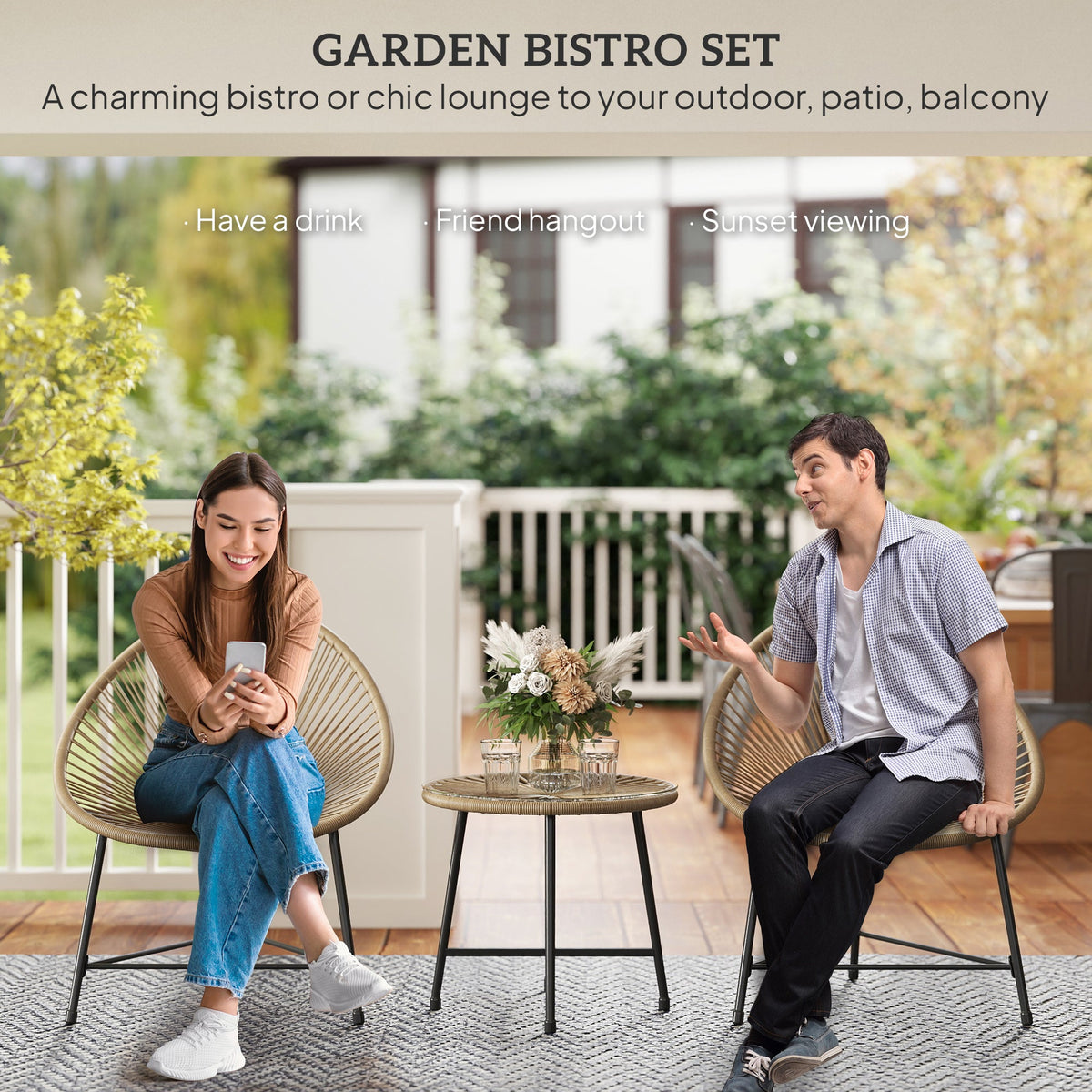 Outsunny Rattan Bistro Set, Cushioned Acapulco Chairs, Glass Table