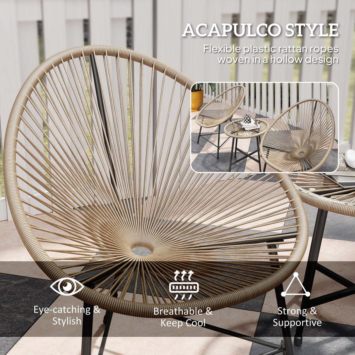 Outsunny Rattan Bistro Set, Cushioned Acapulco Chairs, Glass Table