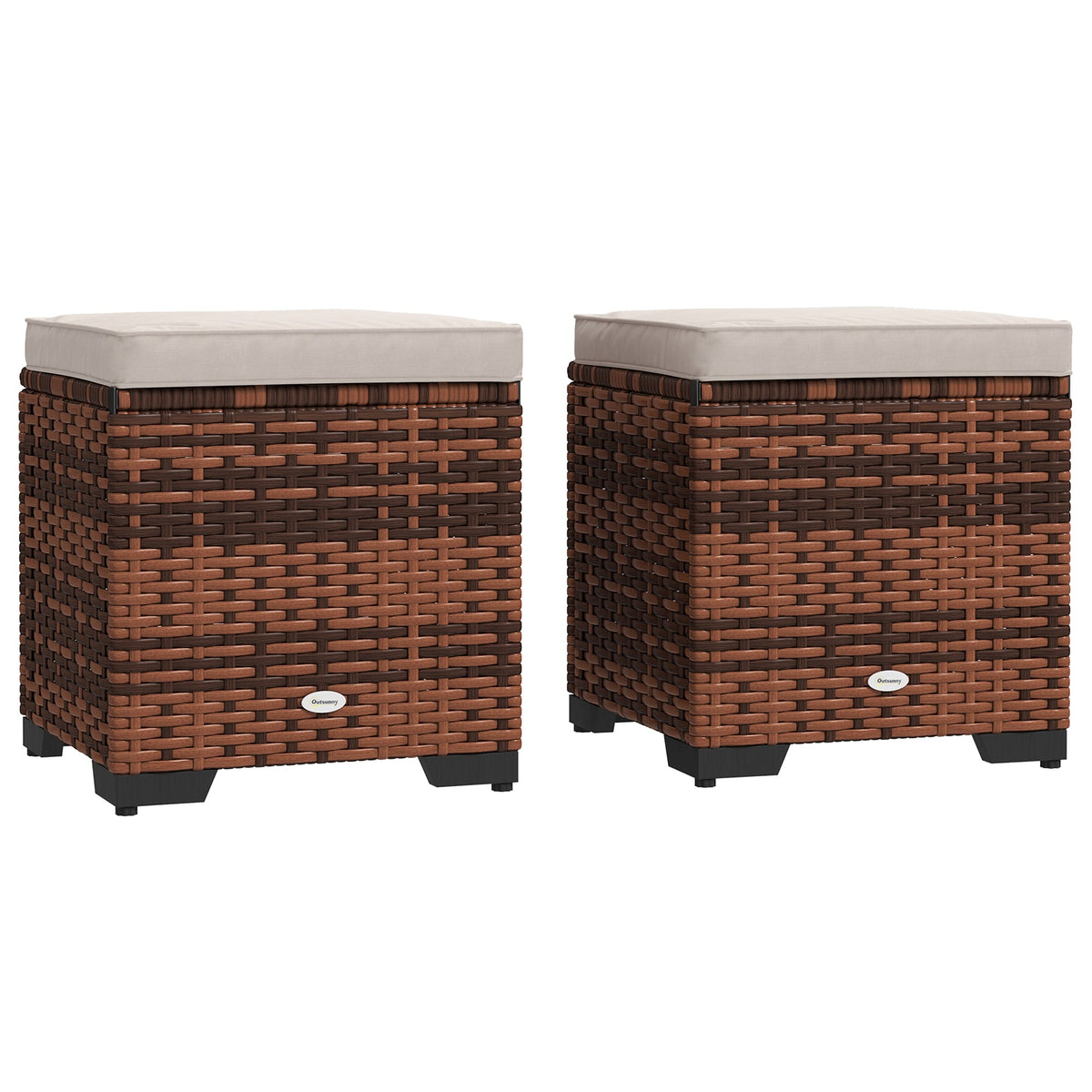 Outsunny Set of 2 Rattan Footstool, Storage Ottoman w/ Cushions