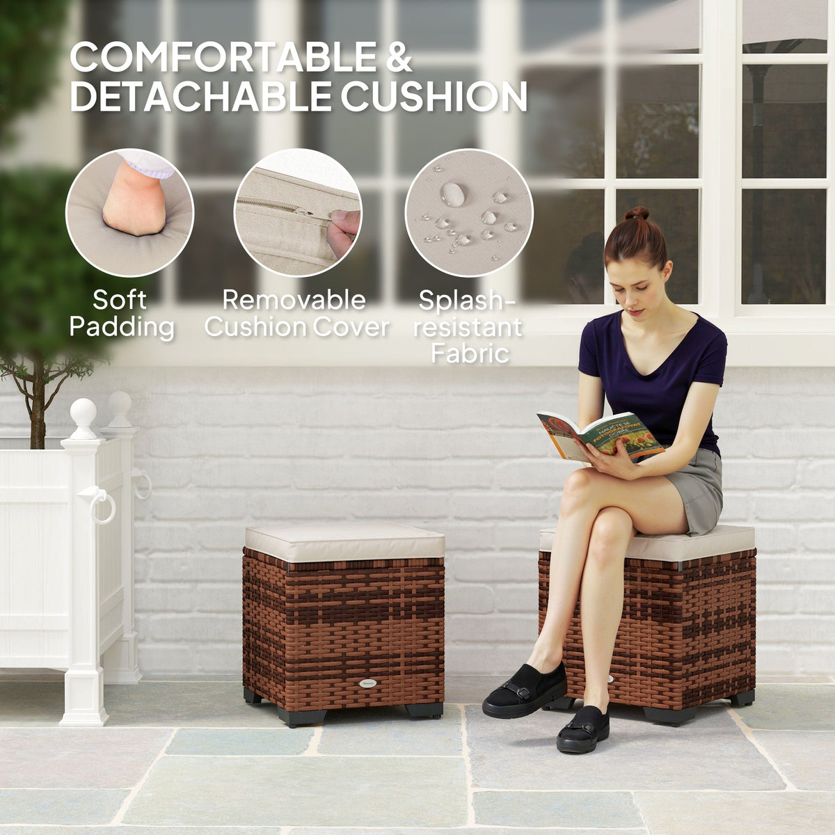 Outsunny Set of 2 Rattan Footstool, Storage Ottoman w/ Cushions