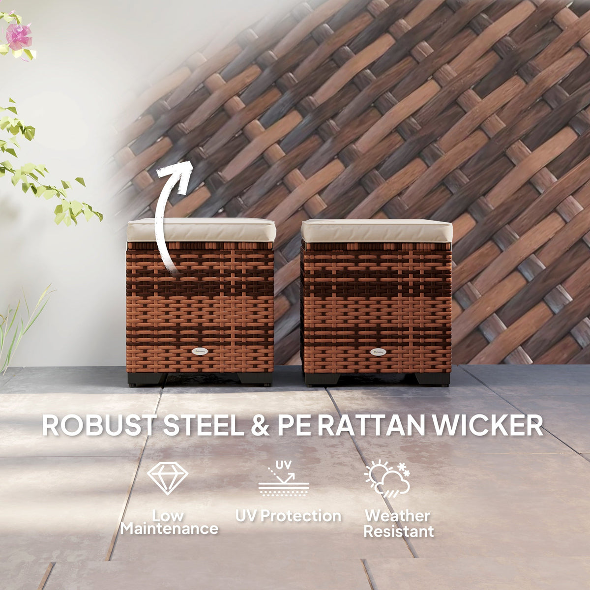 Outsunny Set of 2 Rattan Footstool, Storage Ottoman w/ Cushions