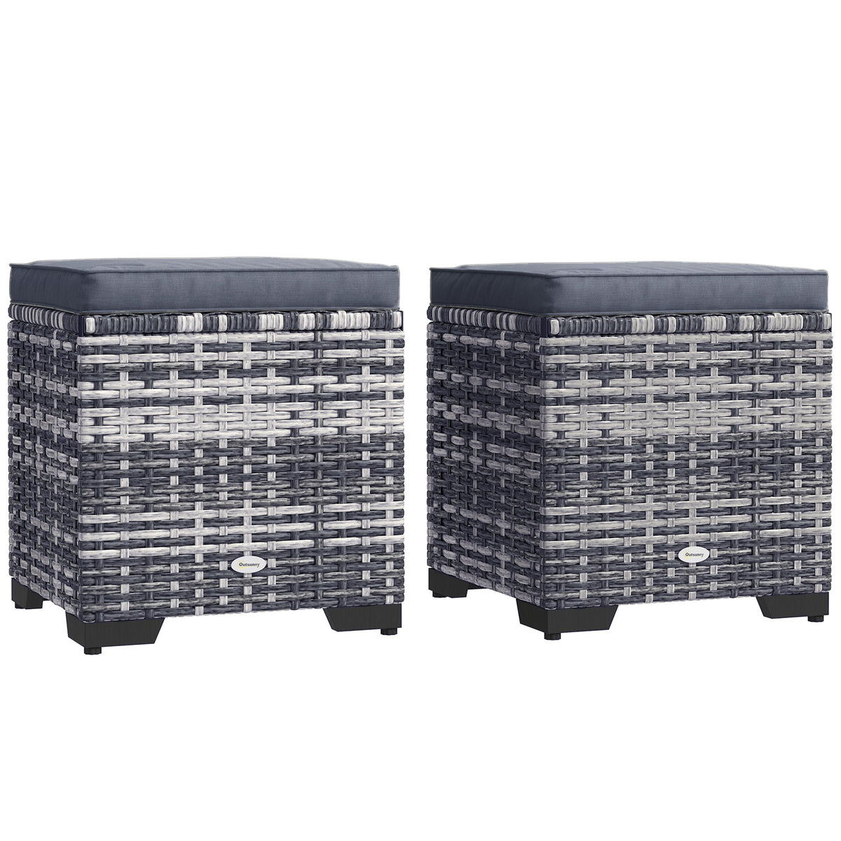 Outsunny Set of 2 Rattan Footstool, Storage Ottoman w/ Cushions