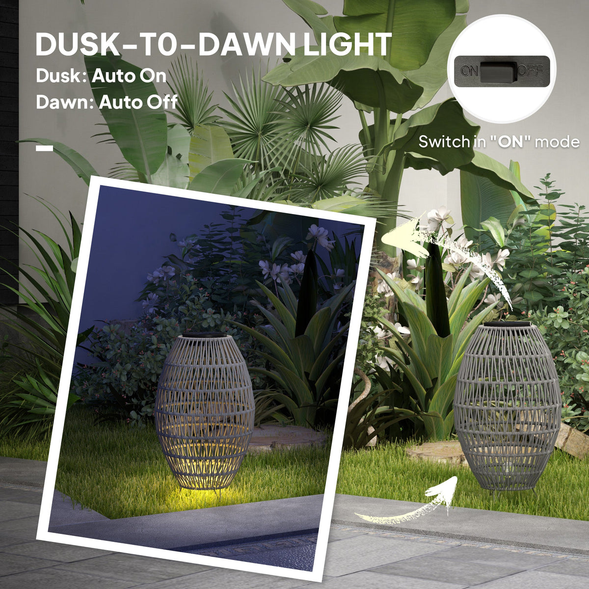 Outsunny Rattan Solar Lamp, Auto On/Off Garden Lantern