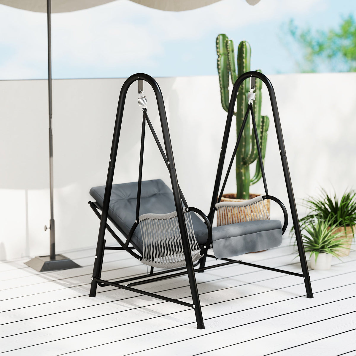 Outsunny Rattan Swing Chair with Stand and Seat Cushion