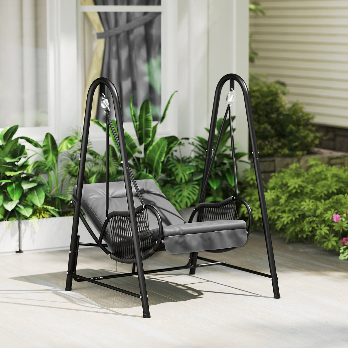 Outsunny Rattan Swing Chair with Stand and Seat Cushion