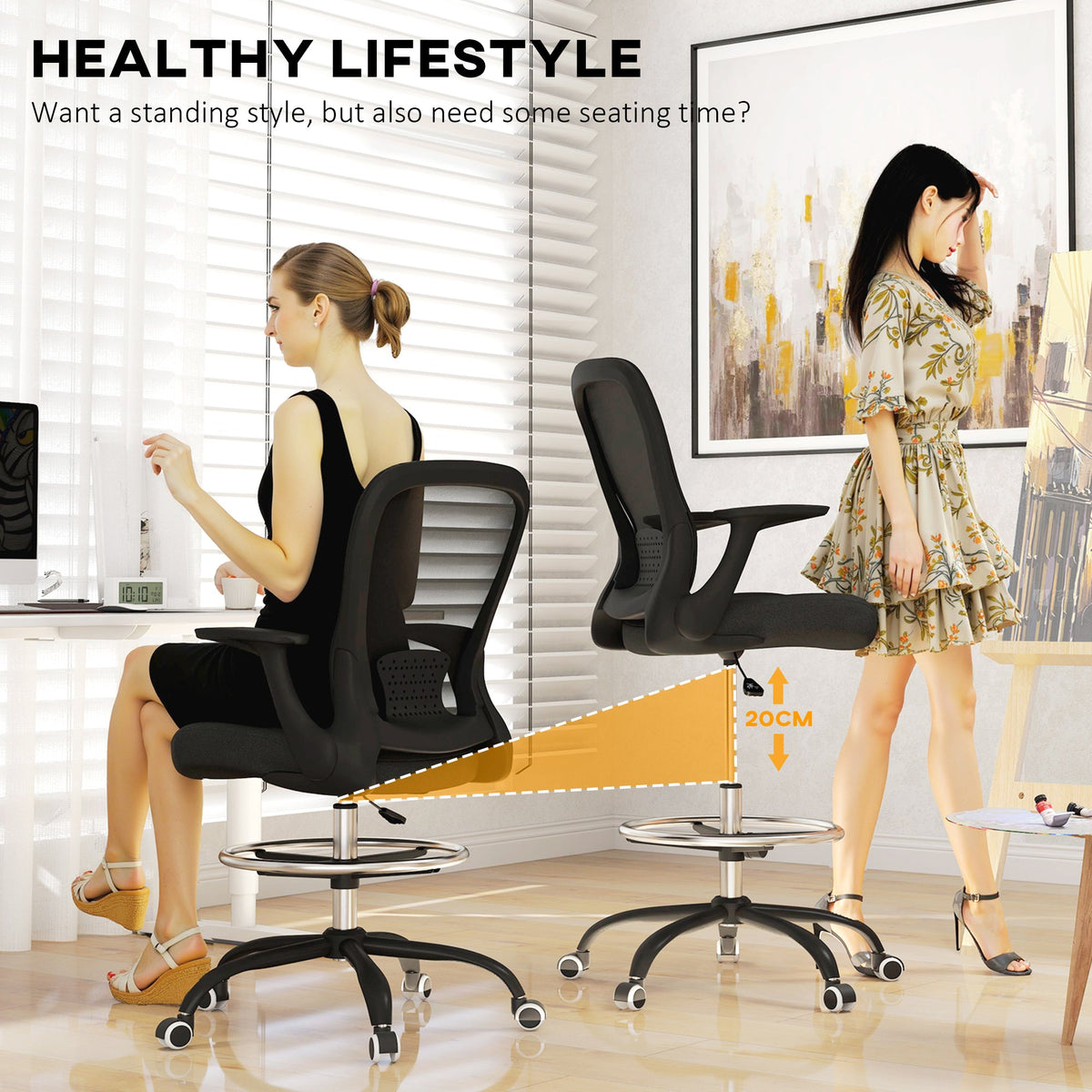 HOMCOM Mesh Draughtsman Chair, Ergonomic Drafting Chair