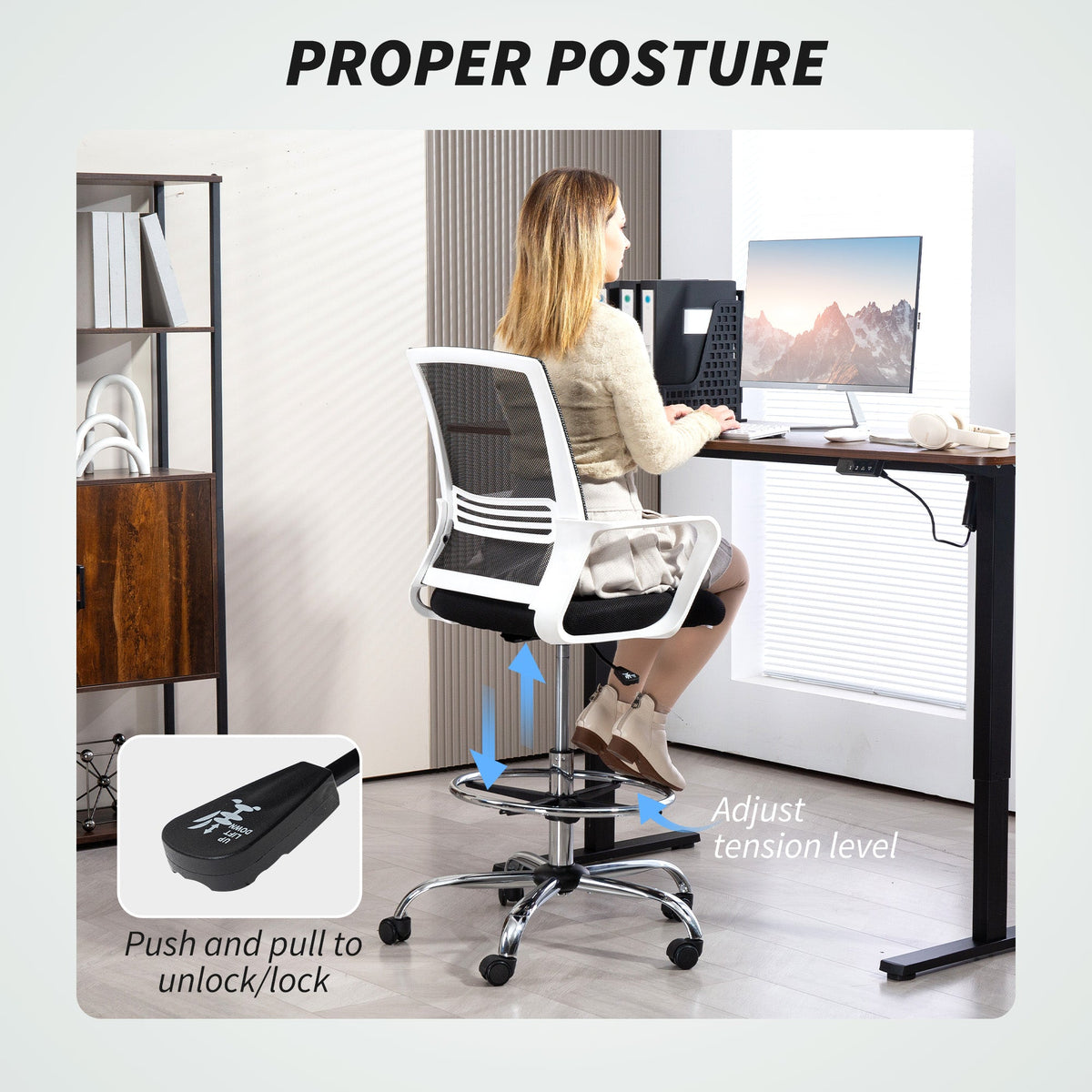 HOMCOM Draughtsman Chair, Mesh Ergonomic Drafting Chair