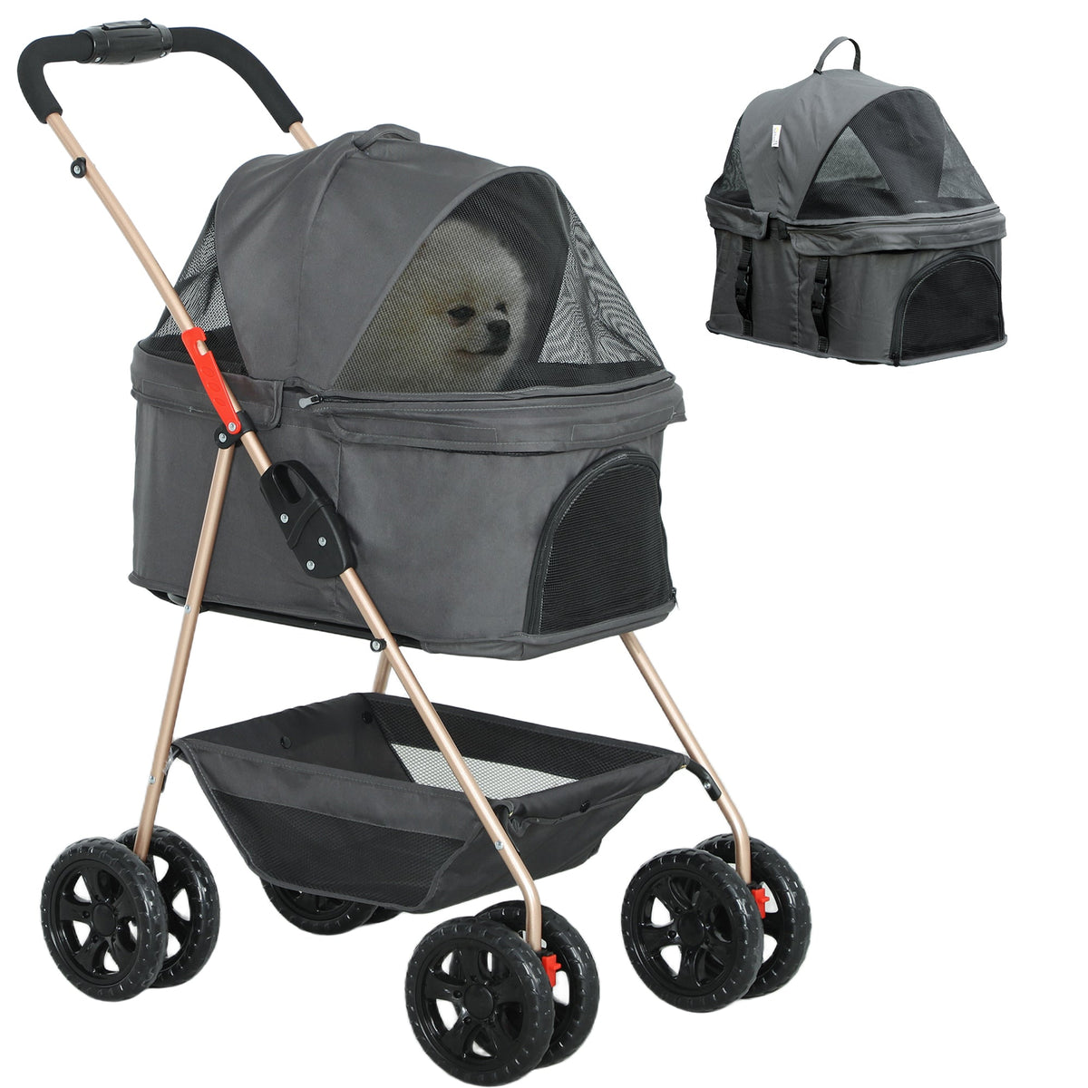 PawHut 3 in 1 Pet Stroller with Detachable Carrier for Mini Dogs