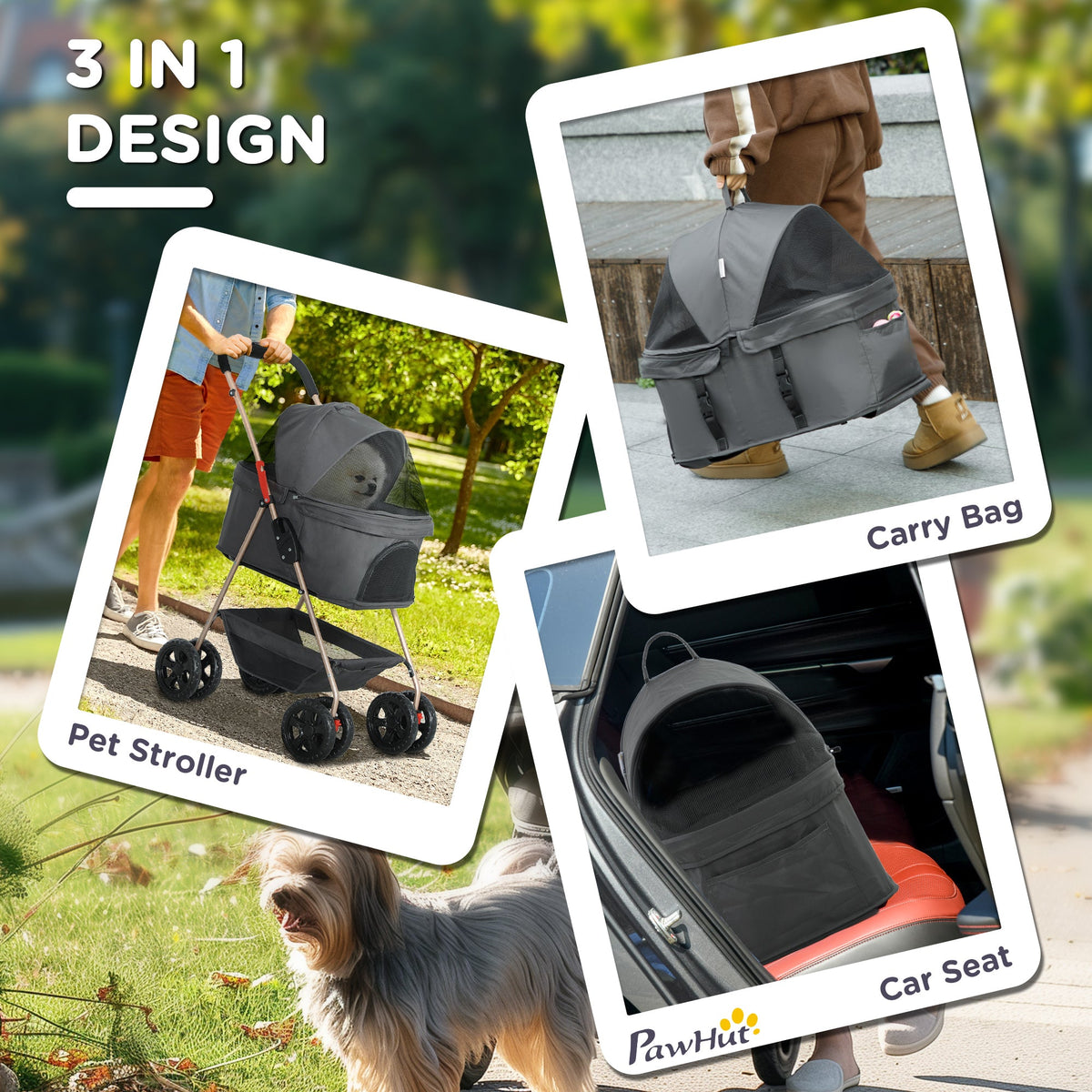 PawHut 3 in 1 Pet Stroller with Detachable Carrier for Mini Dogs