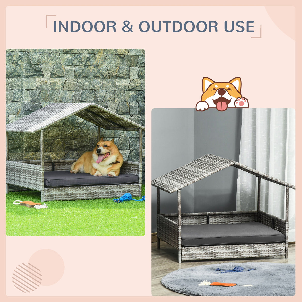 PawHut Wicker Dog House, Rattan Pet Bed with Soft Cushion