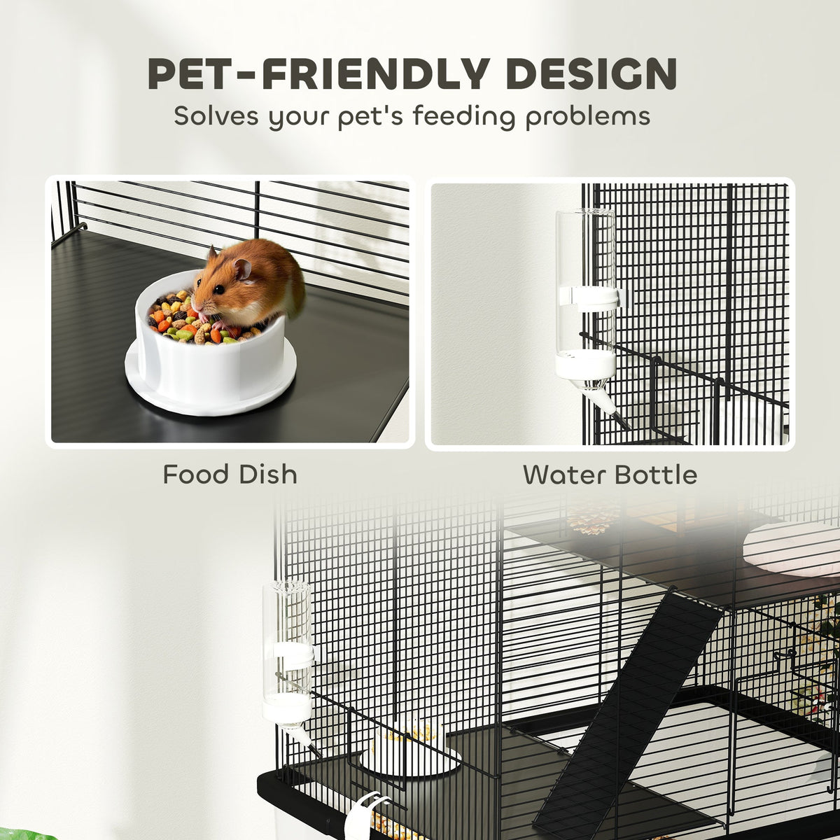 PawHut Hamster Cage, Three-Tier Gerbil Cage w/ Deep Bottom, Ramp, Food Dish