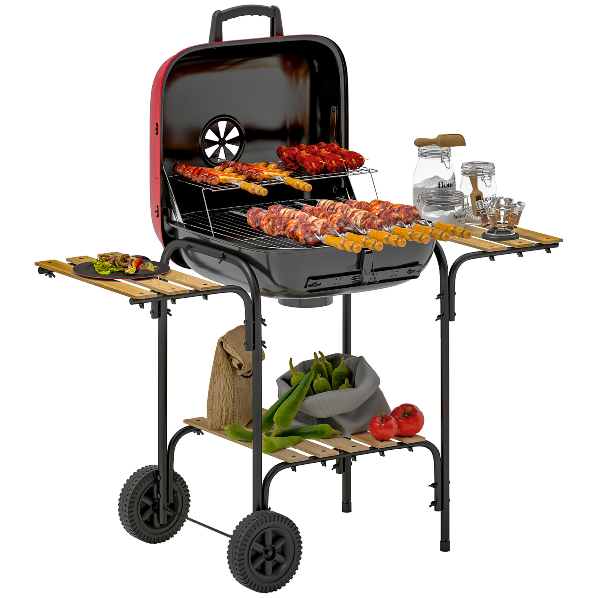 Outsunny Charcoal Barbecue Grill Portable BBQ with Lockable Lid, Vent