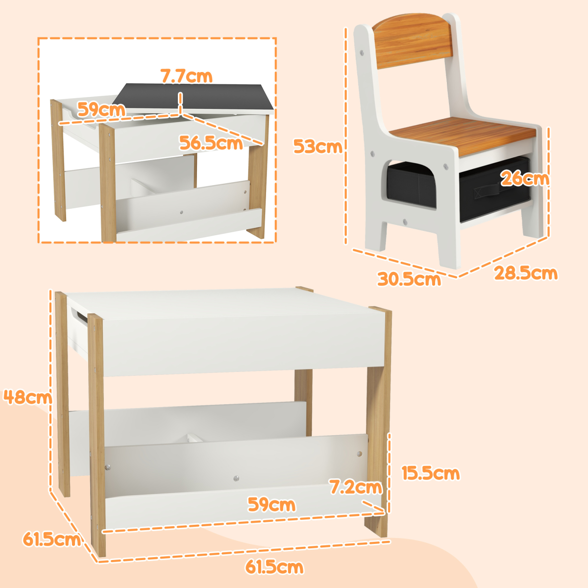 HOMCOM 3-Piece Kids Table and Chair Set for Nursery, Playroom, Classroom