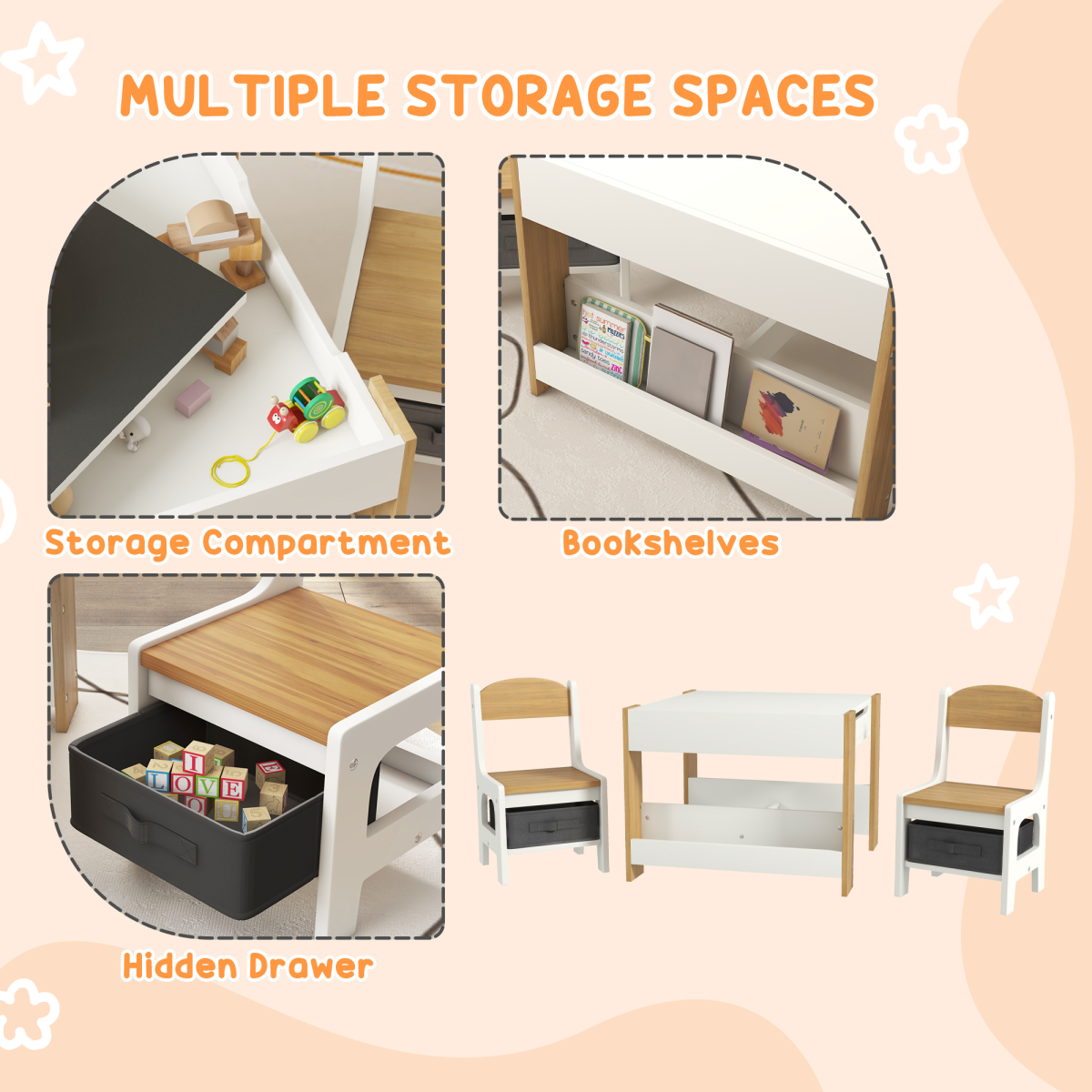 HOMCOM 3-Piece Kids Table and Chair Set for Nursery, Playroom, Classroom