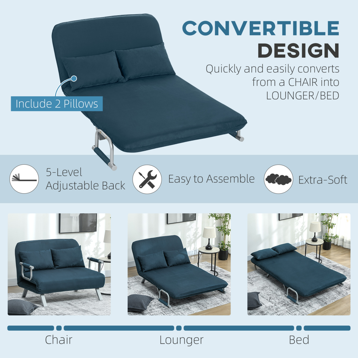 HOMCOM Fabric Convertible 2 Seater Sofa Bed w/ 2 Pillows