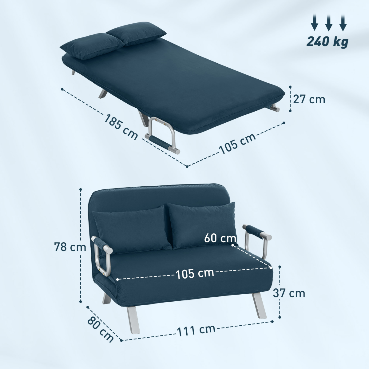 HOMCOM Fabric Convertible 2 Seater Sofa Bed w/ 2 Pillows