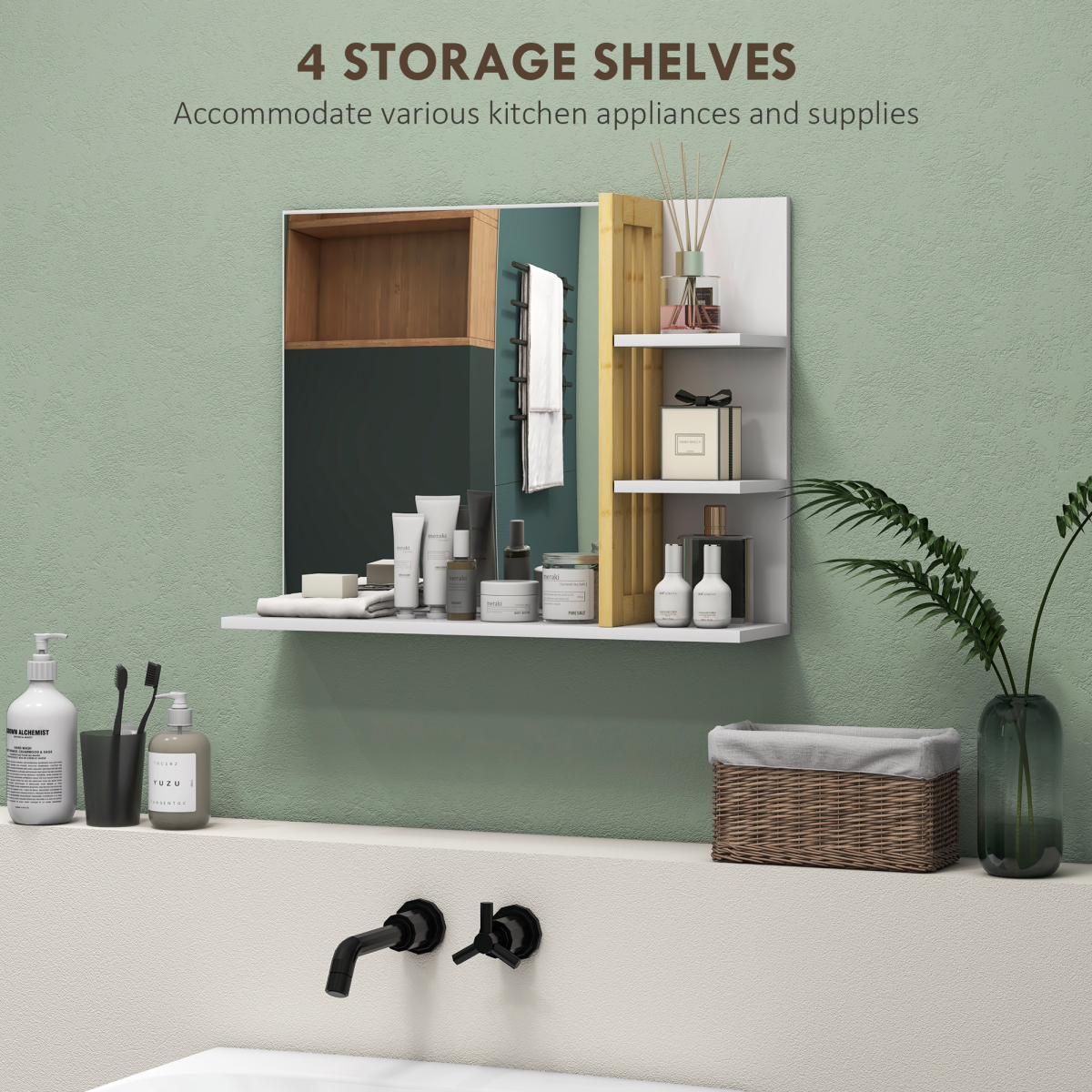 HOMCOM Bathroom Mirror Wall Mount Vanity Mirror with 4 Storage Shelves