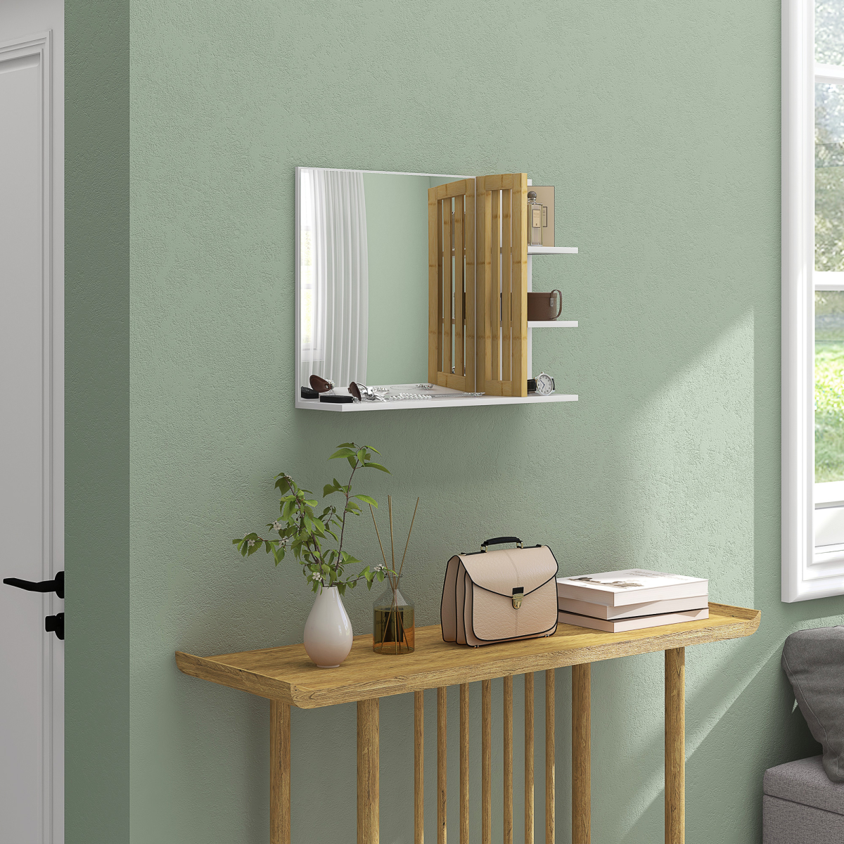 HOMCOM Bathroom Mirror Wall Mount Vanity Mirror with 4 Storage Shelves