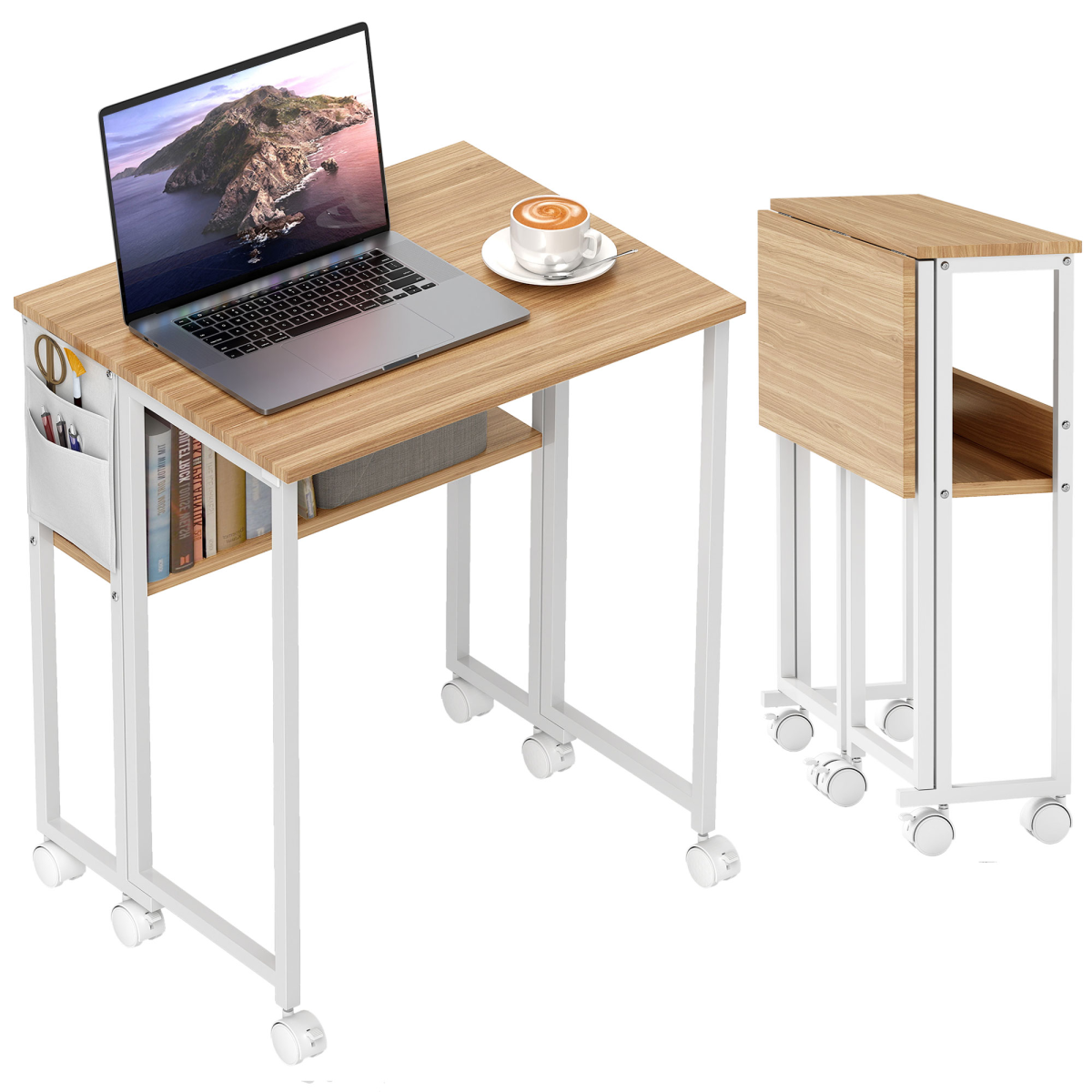 HOMCOM 63 cm Foldable Computer Desk on Wheels for Small Spaces