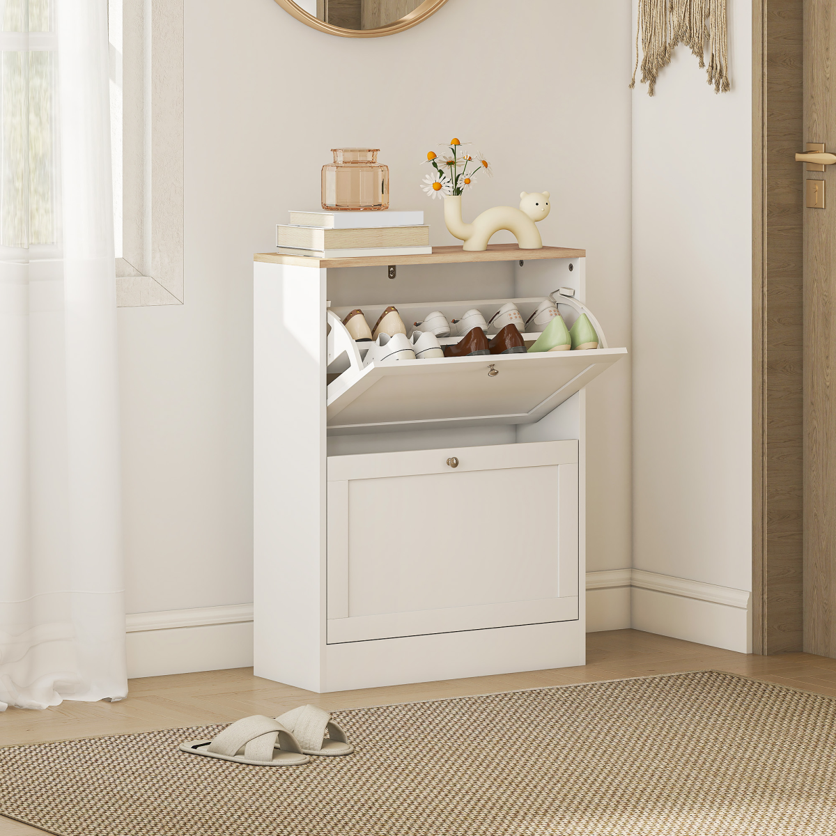 HOMCOM 2 Flip Drawer Narrow Shoe Cabinet with Adjustable Shelves