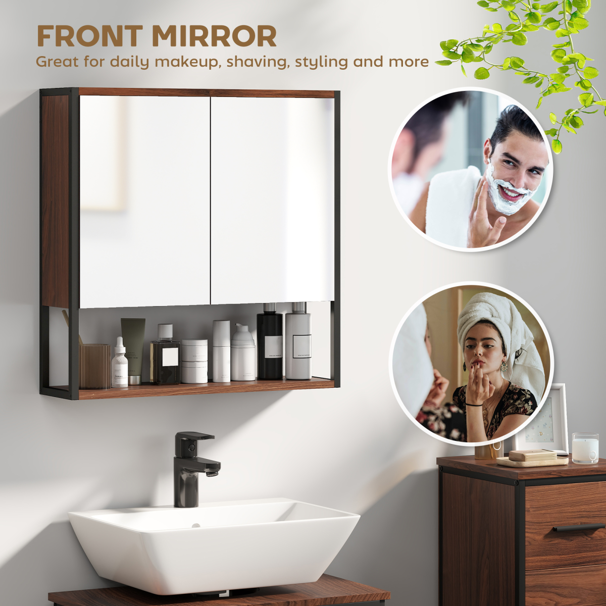 HOMCOM Industrial Bathroom Cabinet with 2 Mirrored Doors Open Shelf