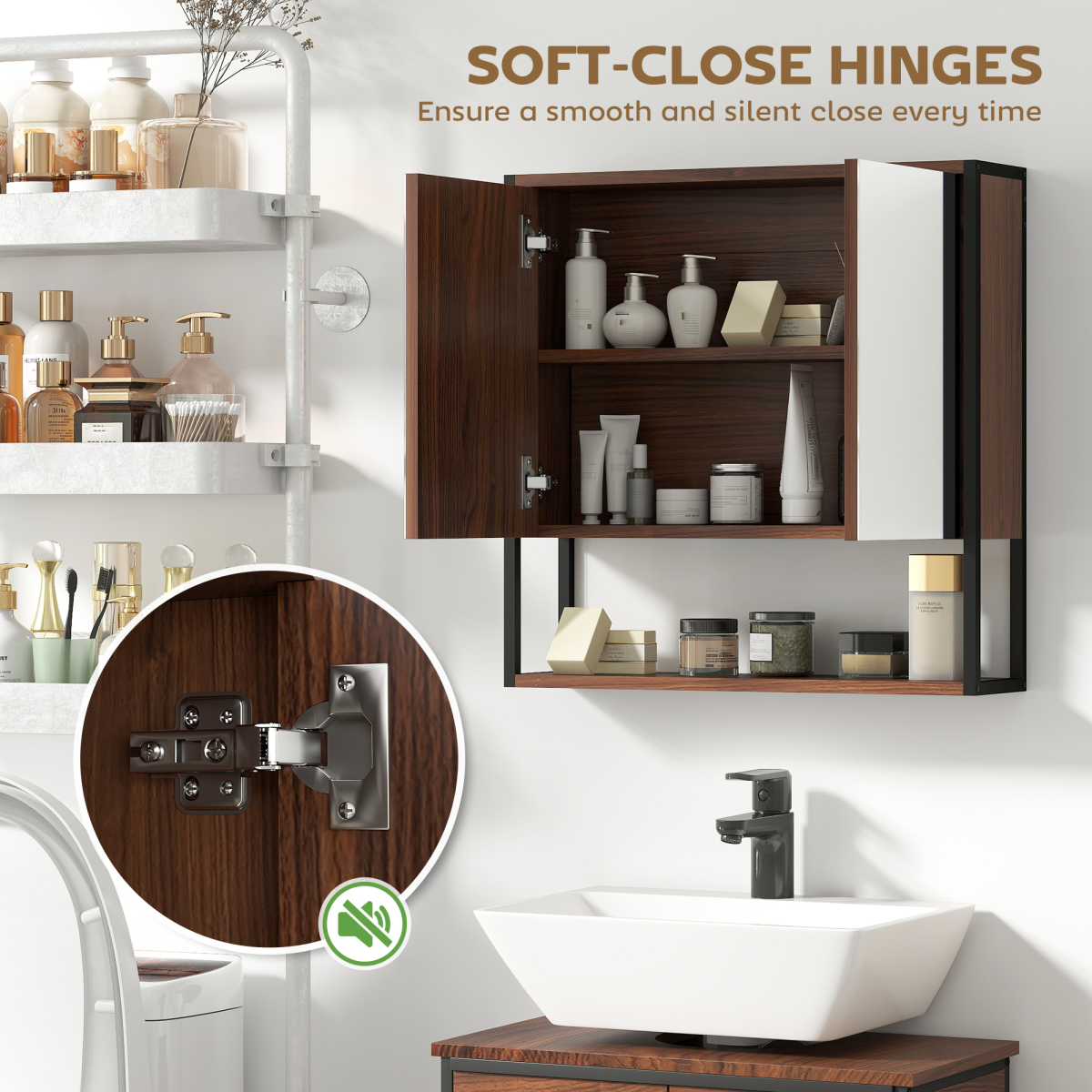 HOMCOM Industrial Bathroom Cabinet with 2 Mirrored Doors Open Shelf