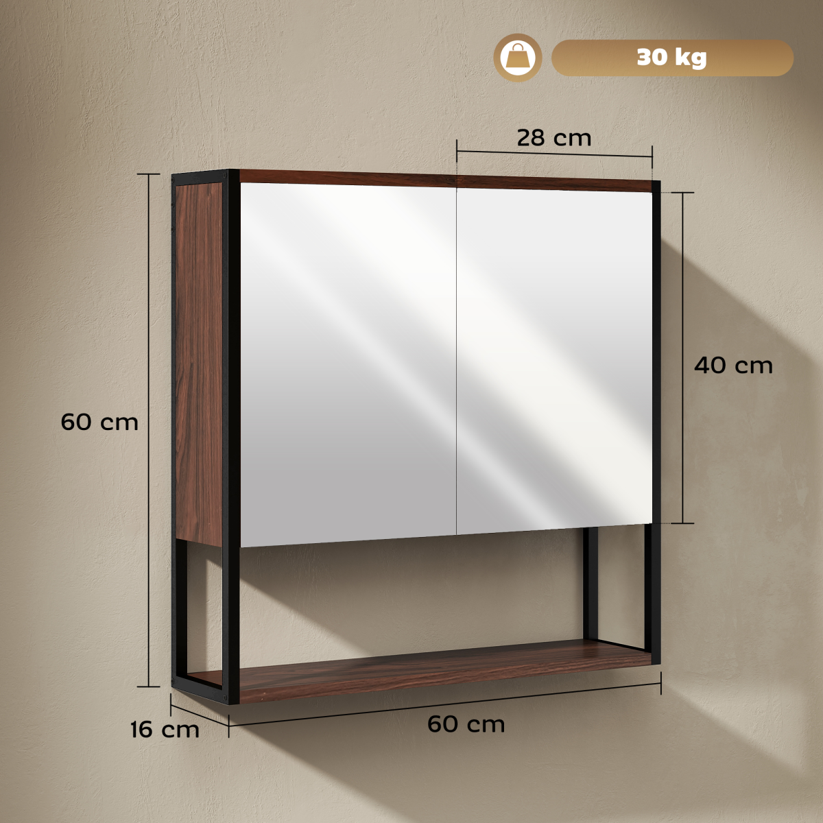 HOMCOM Industrial Bathroom Cabinet with 2 Mirrored Doors Open Shelf