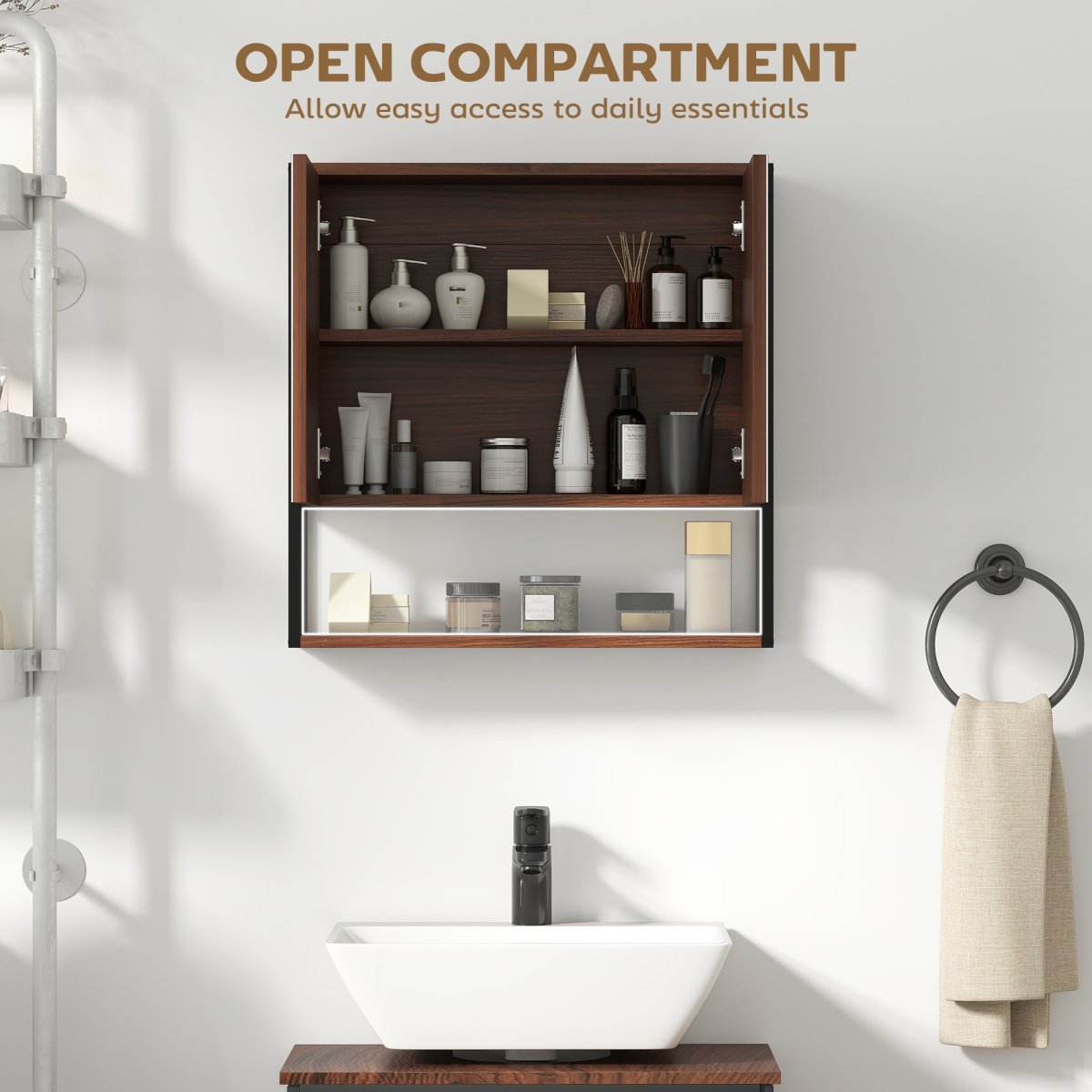 HOMCOM Industrial Bathroom Cabinet with 2 Mirrored Doors Open Shelf