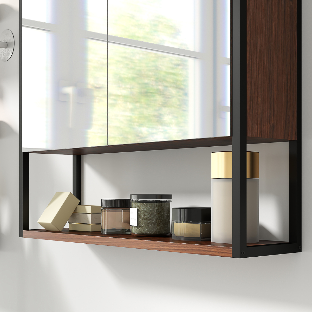 HOMCOM Industrial Bathroom Cabinet with 2 Mirrored Doors Open Shelf